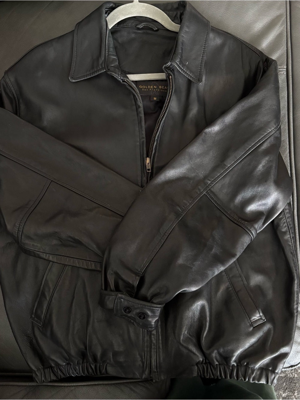 Golden Bear Men's Black Leather Bomber Jacket